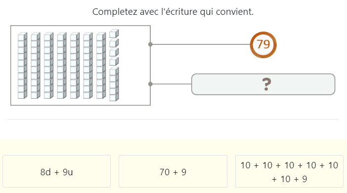 Décomposition additive des nombres de 70 à 79 en passant par 10 – Exercice de math CP - Écrire les nombres de 70 à 79 en tenant compte des dizaines entières : Exemple