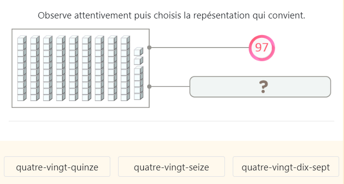 Les représentions des nombres de 90 à 99 en lettres chiffres et quantités – Nombres et calculs - Correspondance en chiffres lettres et quantités des nombres de 90 à 99