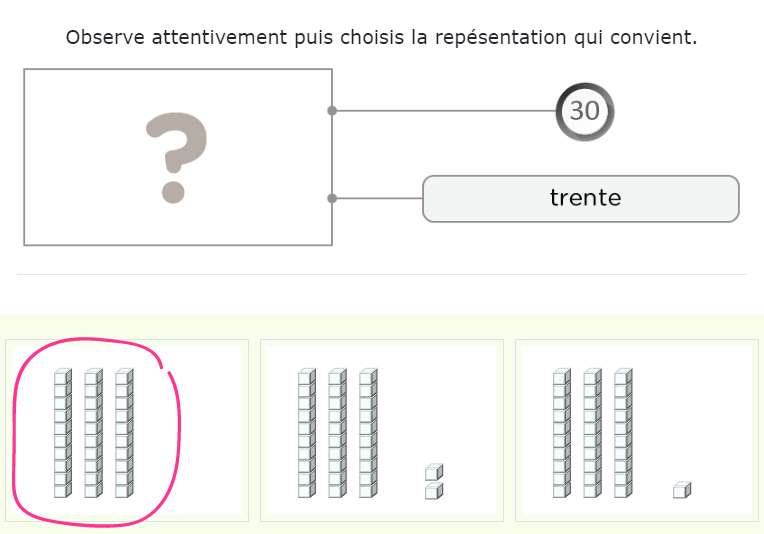 Nombres et calculs CP - Identifier les nombres de 30 à 39 : quantités chiffres lettres - Correspondance en chiffres lettres et quantités des nombres de 30 à 39