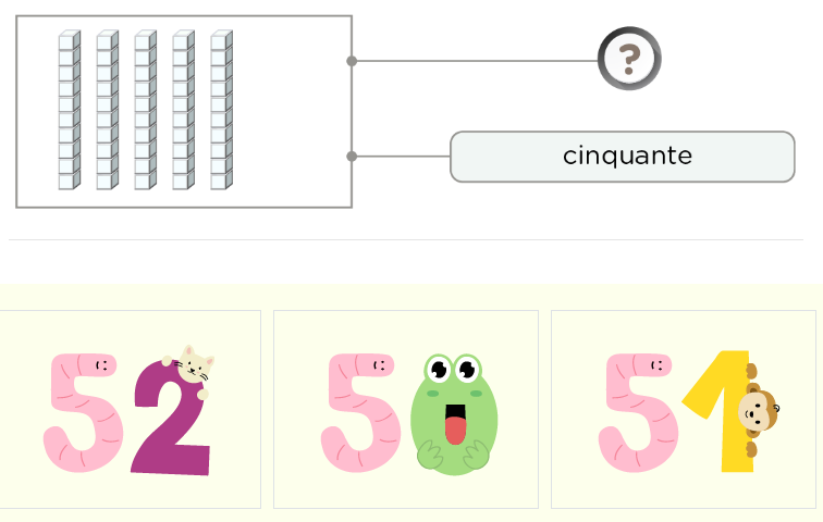 Les différentes écritures des nombres de 50 à 59 – Exercices de numération CP - Représenter les nombres de 50 à 59 avec les chiffres lettres et quantités - Exemple chiffres