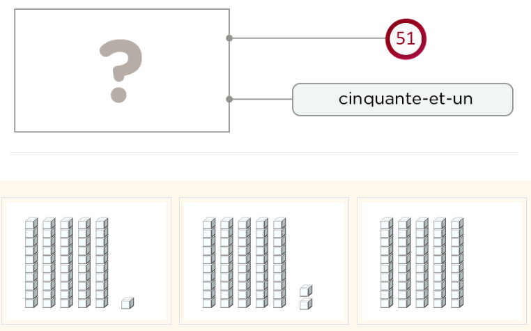 Les différentes écritures des nombres de 50 à 59 – Exercices de numération CP - Représenter les nombres de 50 à 59 avec les chiffres lettres et quantités - Exemple quantités
