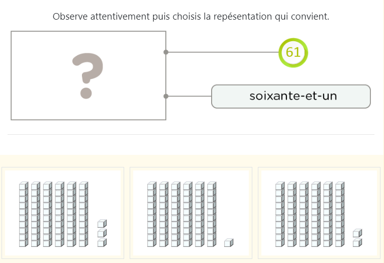 Lire et identifier les écritures des nombres de 60 à 69 – Exercice de math CP - Reconnaître les trois écritures des nombres de 60 à 69 - Exemple: compter les quantités