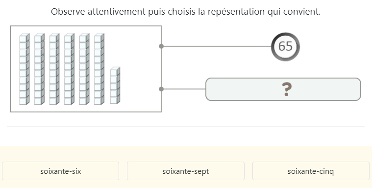 Lire et identifier les écritures des nombres de 60 à 69 – Exercice de math CP - Reconnaître les trois écritures des nombres de 60 à 69 - Exemple: reconnaître les nombres en lettres