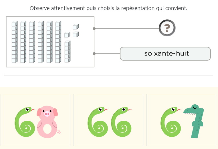 Lire et identifier les écritures des nombres de 60 à 69 – Exercice de math CP - Reconnaître les trois écritures des nombres de 60 à 69 - Exemple: reconnaître les chiffres