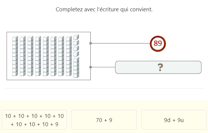 Décomposition additive des nombres de 80 à 89 en passant par 10 – Nombres et calculs CP - Écritures additives avec les dizaines entières dans les nombres de 80 à 89